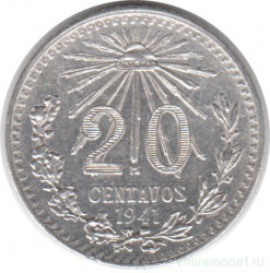 Монета. Мексика. 20 сентаво 1941 год.