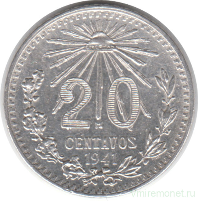 Монета. Мексика. 20 сентаво 1941 год.