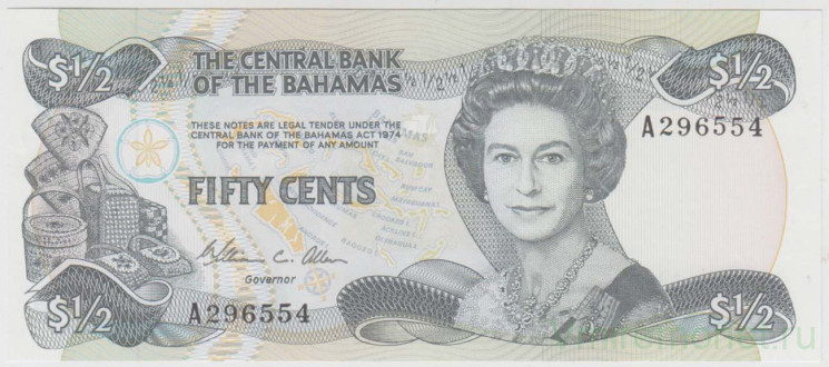 Банкнота. Багамские острова. 50 центов 1984 год.