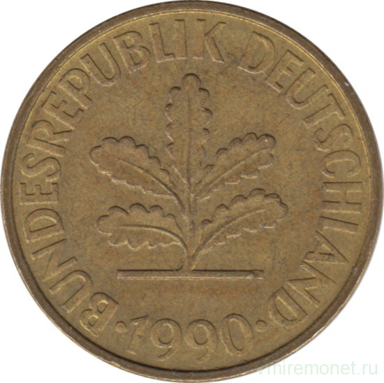 Монета. ФРГ. 10 пфеннигов 1990 год. Монетный двор - Карлсруэ (G).