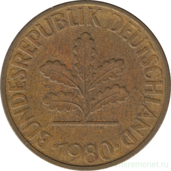 Монета. ФРГ. 10 пфеннигов 1980 год. Монетный двор - Мюнхен (D).