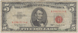 Банкнота. США. 5 долларов 1963 год. Красная печать. Тип 383.