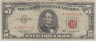 Банкнота. США. 5 долларов 1963 год. Красная печать. Тип 383. ав.