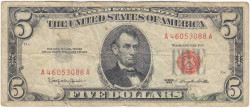 Банкнота. США. 5 долларов 1963 год. Красная печать. А. Тип 383.