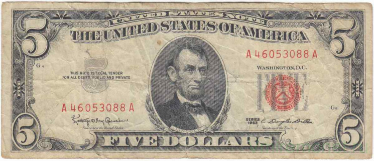 Банкнота. США. 5 долларов 1963 год. Красная печать. А. Тип 383.
