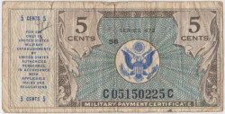 Бона. США. Платёжный сертификат вооружённых сил. 5 центов 1948 год. 472-я серия. Тип M15.