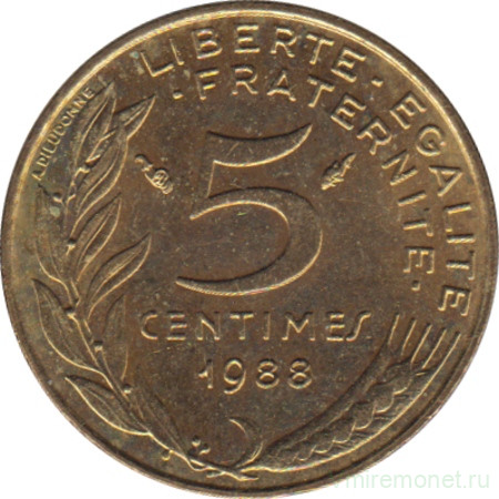 Монета. Франция. 5 сантимов 1988 год.