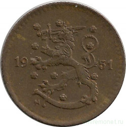 Монета. Финляндия. 1 марка 1951 год. Медь.