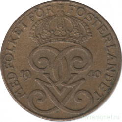 Монета. Швеция. 2 эре 1940 год.
