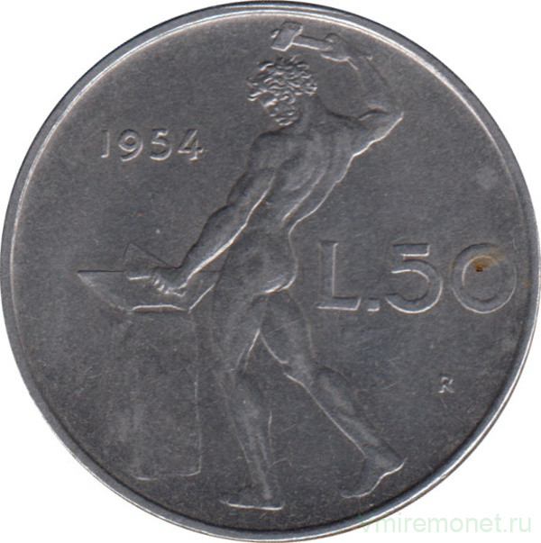Монета. Италия. 50 лир 1954 год.