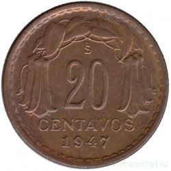Монета. Чили. 20 сентаво 1947 год.