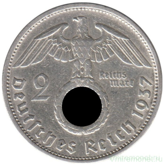 Монета. Германия. Третий Рейх. 2 рейхсмарки 1937 год. Монетный двор - Гамбург (J).