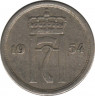 Монета. Норвегия. 25 эре 1954 год. ав.