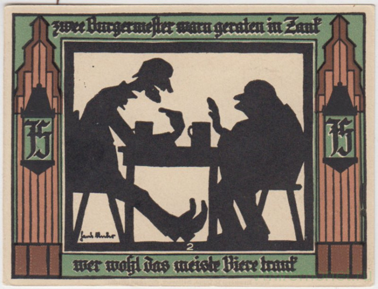 Бона. Нотгельд. Германия. Город Глаухау. 75 пфеннигов 1921 год. Реверс 2. Вариант 436.2.2.