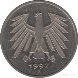 Монета. ФРГ. 5 марок 1992 год. Монетный двор - Карлсруэ (G).