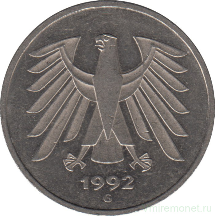 Монета. ФРГ. 5 марок 1992 год. Монетный двор - Карлсруэ (G).