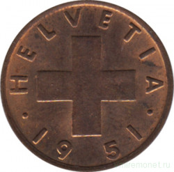 Монета. Швейцария. 1 раппен 1951 год. 