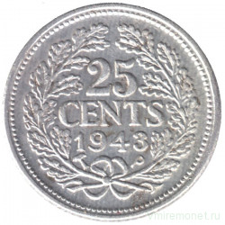 Монета. Нидерланды. 25 центов 1943 год. Серебро.