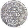 Монета. Нидерланды. 25 центов 1943 год. Серебро.