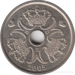 Монета. Дания. 2 кроны 2005 год.