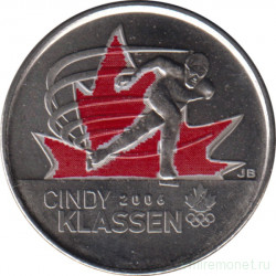 Монета. Канада. 25 центов 2009 год. Синди Классен - шестикратный призёр олимпийских игр. Красная эмаль.