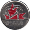 Монета. Канада. 25 центов 2009 год. Синди Классен - шестикратный призёр олимпийских игр. Красная эмаль. ав.