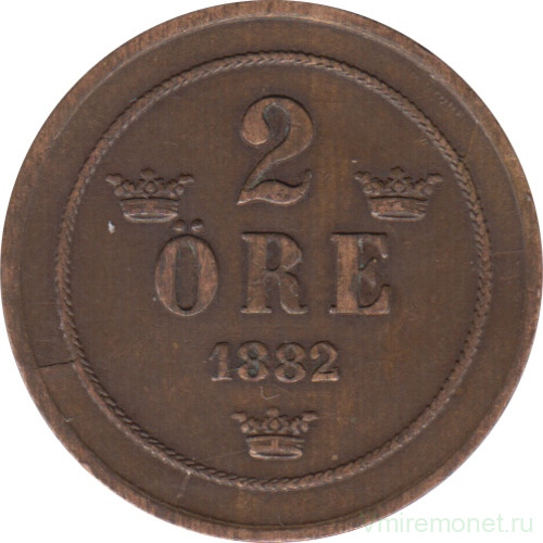 Монета. Швеция. 2 эре 1882 год.