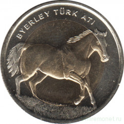 Монета. Турция. 1 лира 2014 год. Фауна Турции - Лошадь.