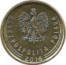 Аверс. Монета. Польша. 1 грош 2016 год.