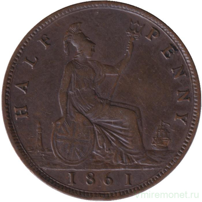 Монета. Великобритания. 1/2 пенни 1861 год.