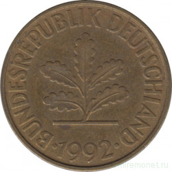 Монета. ФРГ. 10 пфеннигов 1992 год. Монетный двор - Карлсруэ (G).