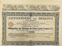 Облигация. Франция. "Акционерное общество хлопкового производства в подмосковном Дедове". 5 % заем на 500 франков 1913 год. С купонами.