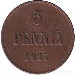 Монета. Русская Финляндия. 5 пенни 1917 год. Тип II орел без короны.