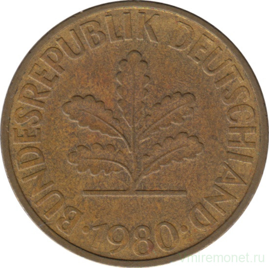 Монета. ФРГ. 10 пфеннигов 1980 год. Монетный двор - Штутгарт (F).