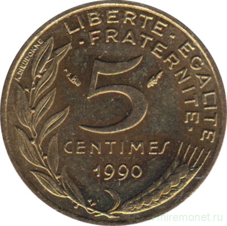 Монета. Франция. 5 сантимов 1990 год.