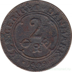 Монета. Дания. 2 эре 1909 год.