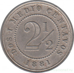 Монета. Колумбия. 2 1/2 сентаво 1881 год. Диаметр 18 мм.