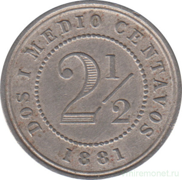 Монета. Колумбия. 2 1/2 сентаво 1881 год. Диаметр 18 мм.