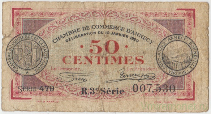 Банкнота. Франция. Анси. 50 сантимов 1920 год.
