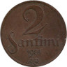Аверс. Монета. Латвия. 2 сантима 1928 год.