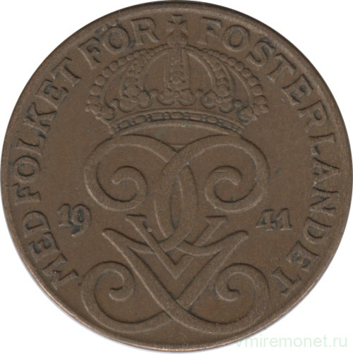 Монета. Швеция. 2 эре 1941 год.