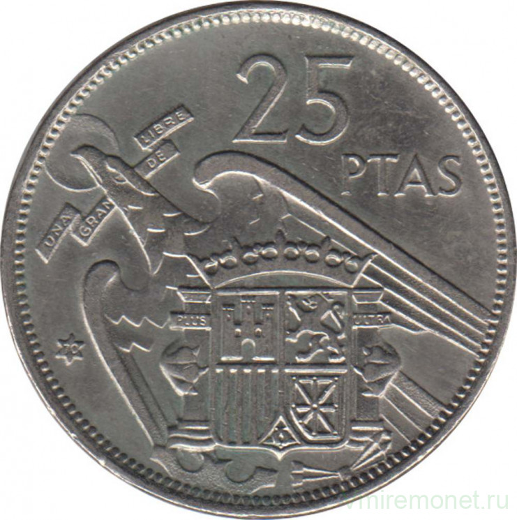 Монета. Испания. 25 песет 1970 (1957) год.