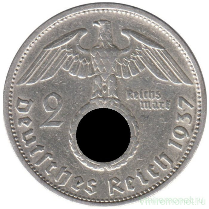 Монета. Германия. Третий Рейх. 2 рейхсмарки 1937 год. Монетный двор - Штутгарт (F).