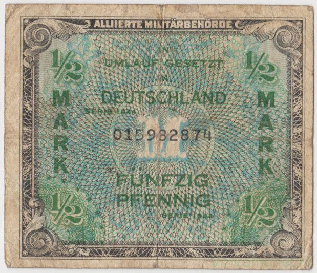 Банкнота. Германия. Оккупация союзников. 1/2 марки 1944 год. (9 цифр). Тип 191а.