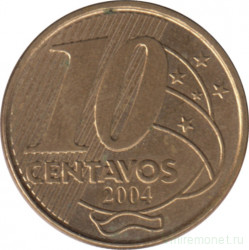 Монета. Бразилия. 10 сентаво 2004 год.