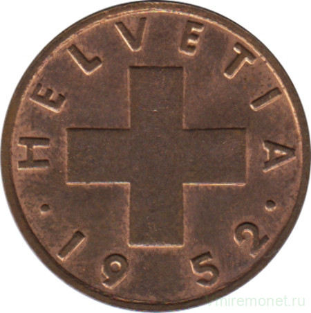 Монета. Швейцария. 1 раппен 1952 год. 