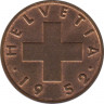  Монета. Швейцария. 1 раппен 1952 год. ав.