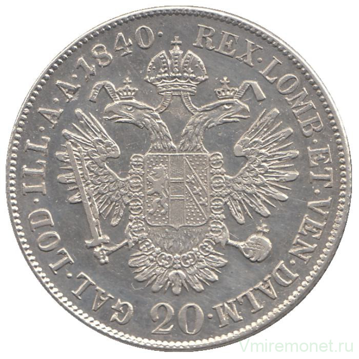 Монета. Австрийская империя. 20 крейцеров 1840 год. Монетный двор А. 