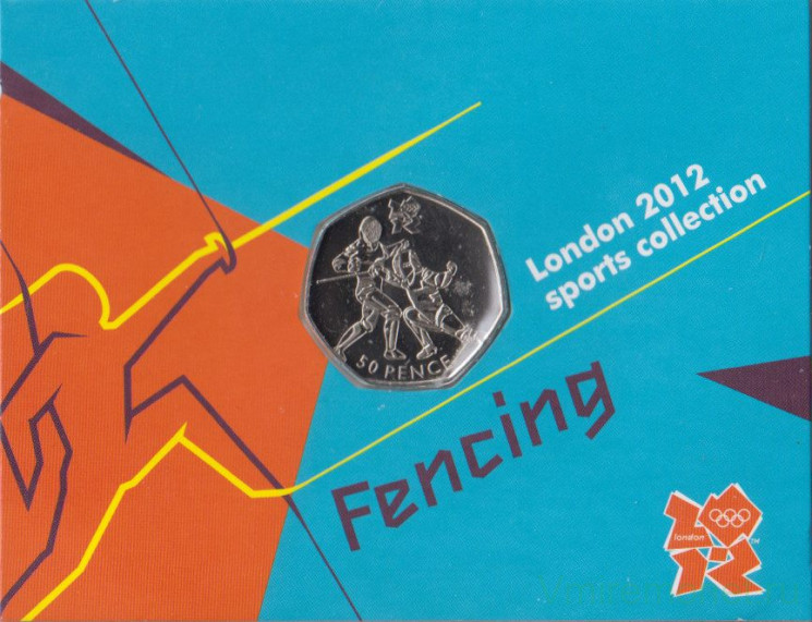 Монета. Великобритания. 50 пенсов 2011 год. XXX летние олимпийские игры Лондон 2012. Фехтование. В блистере.