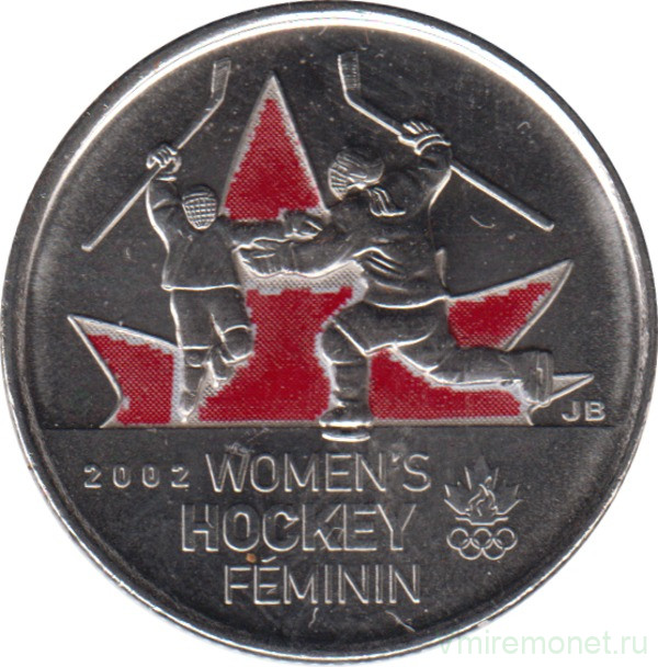 Монета. Канада. 25 центов 2009 год. Победа женской сборной по хоккею на олимпиаде в Солт-Лэйк-Сити 2002. Красная эмаль.